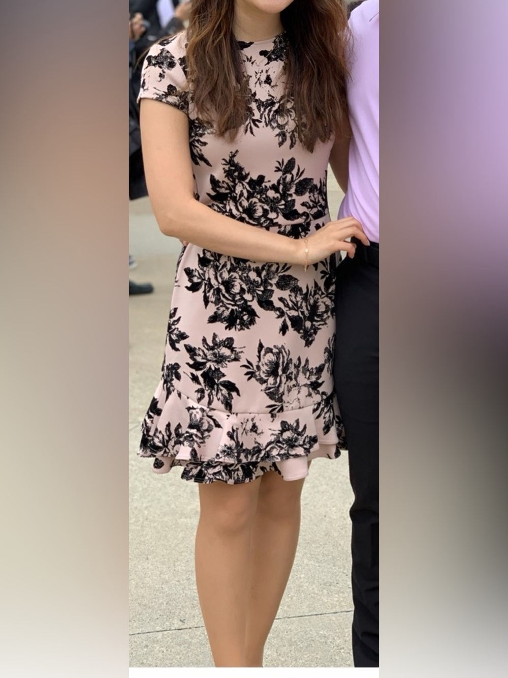 Cute Blush Pink Dress with Black Floral Ruffle Hem